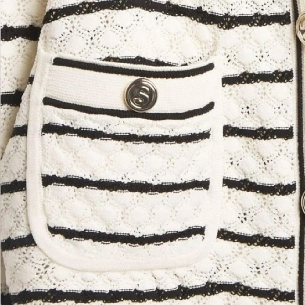 SANDRO Cropped White and Black Striped Cardigan Gold Hardware Buttons Sz 2 = Med